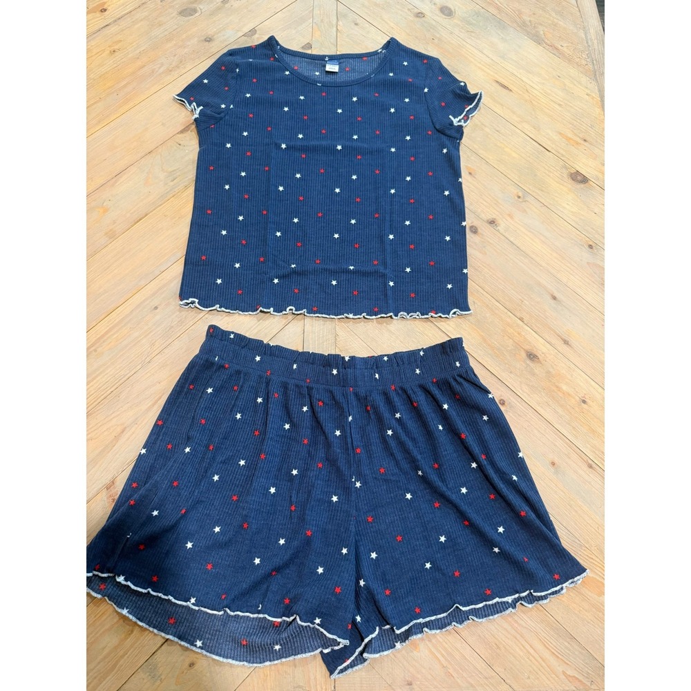 Old Navy Girls XL 14-16 Pajama Set Navy Blue Red White Stars Ribbed Lettuce Edge